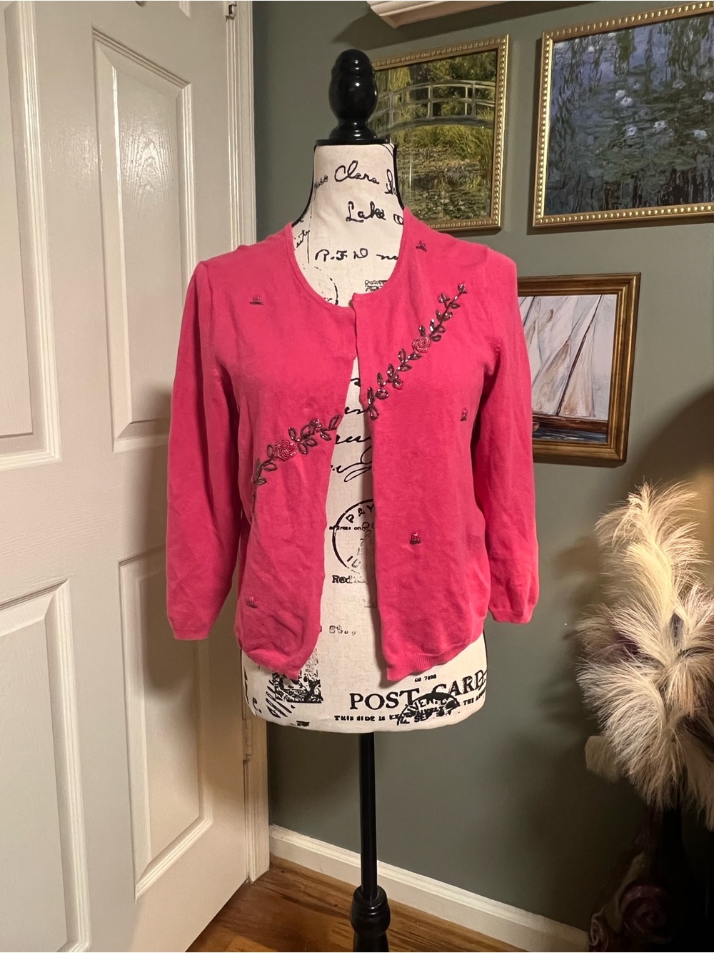 New York & Company Pink Beaded Floral Cardigan